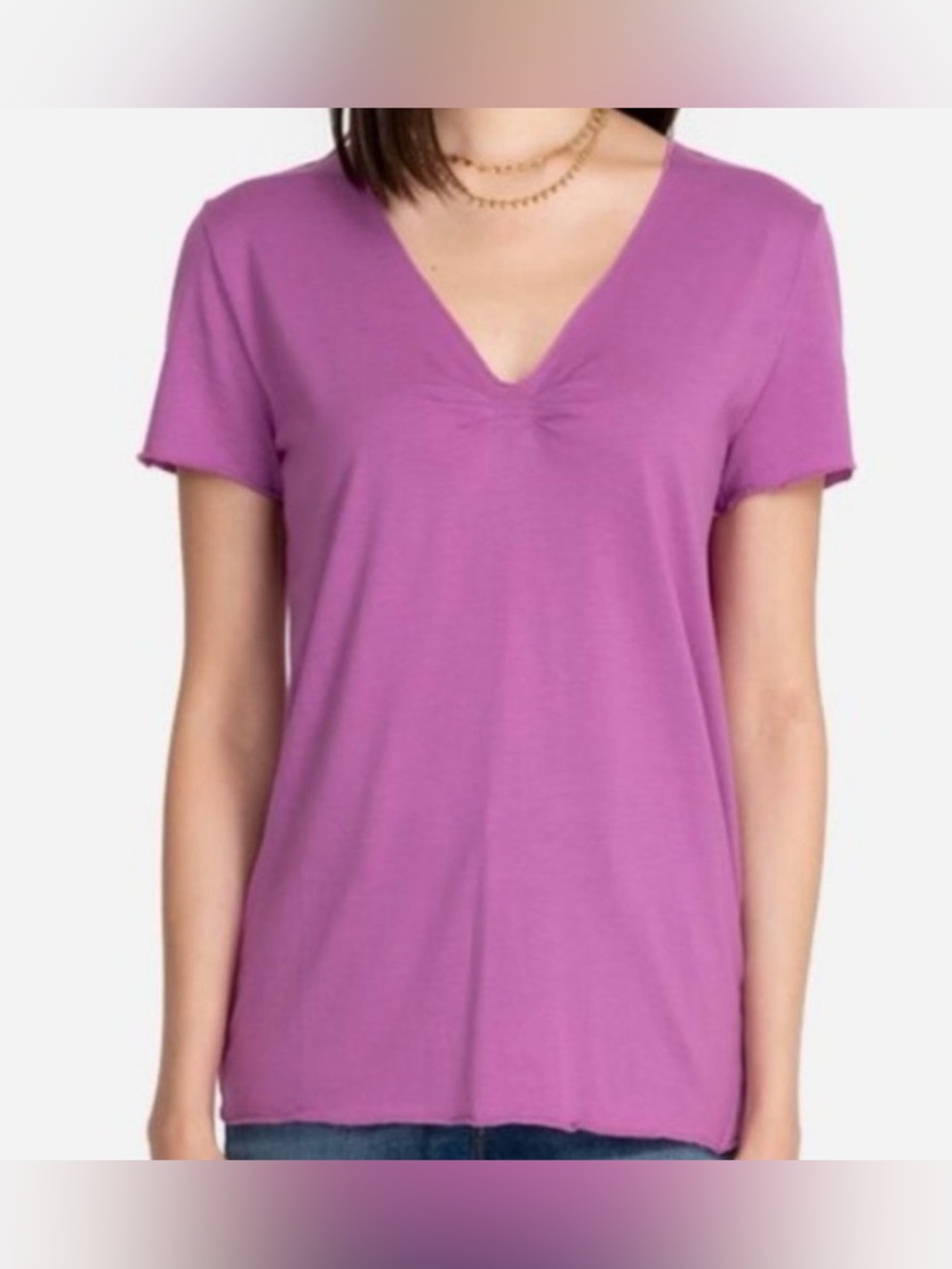 Johnny Was Calme Purple Pleated V-Neck Short Sleeve T-Shirt